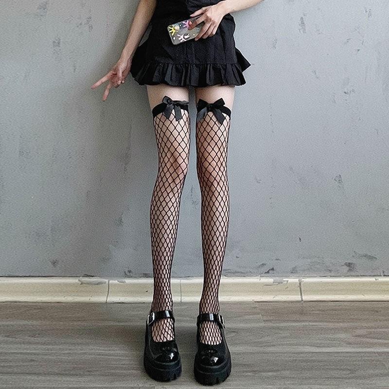 Stockings Black Ins Ripped Half Mesh Lace Long Tube Knee-high Sweet And Cute Core-spun Silk Thigh Socks