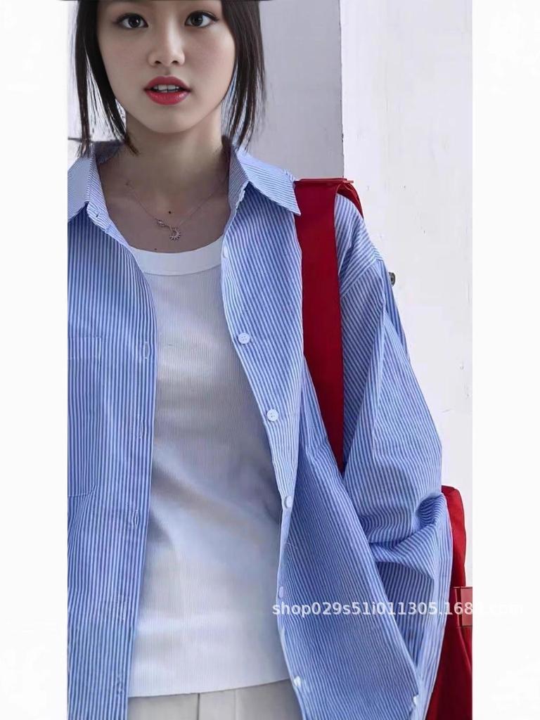 2025 Summer Striped Blue Boyfriend Long-Sleeve Shirt: Loose, Versatile Sun Protection Jacket