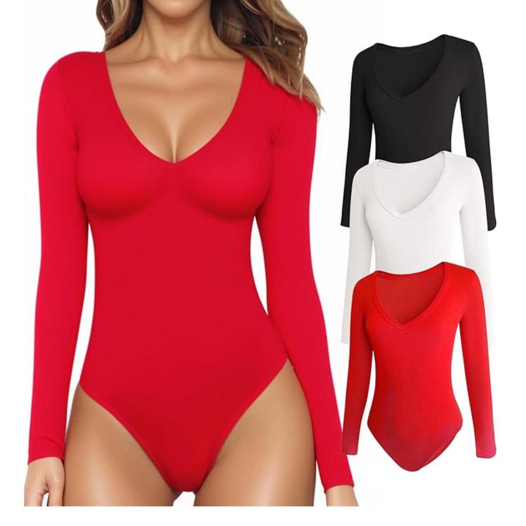 Body sexy cu mâneci lungi și decolteu în V pentru femei: Modelare corporală și ridicare a șoldurilor