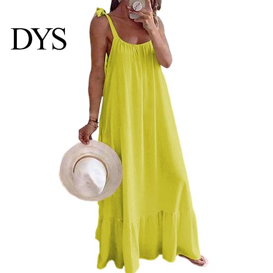 Loose Fit Summer Dress Women's Casual Tie Shoulder Sleeveless Square Fresh Natural Look Neck Maxi A-Line Ruffle Flowy Beach Sundress Spring