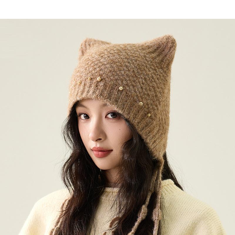 Perlenquasten Bärenohren Strickmütze Damen Winter Ohrenschutz Warme Wollmütze