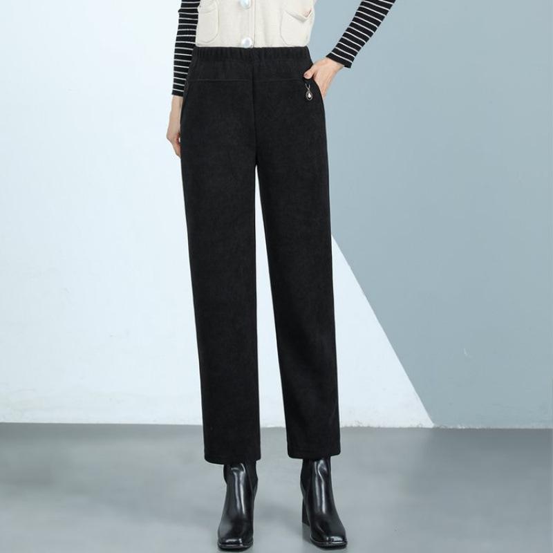 High-Waisted Corduroy Mom Pants with Velvet, Plus Size, for Middle-Aged & Elderly Women, Loose Straight-Leg Cropped Fit