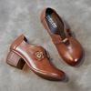 Johnature Genuine Leather Pumps Retro Round Toe Thick Heel Soft Sole Solid Color Versatile Women's Shoes