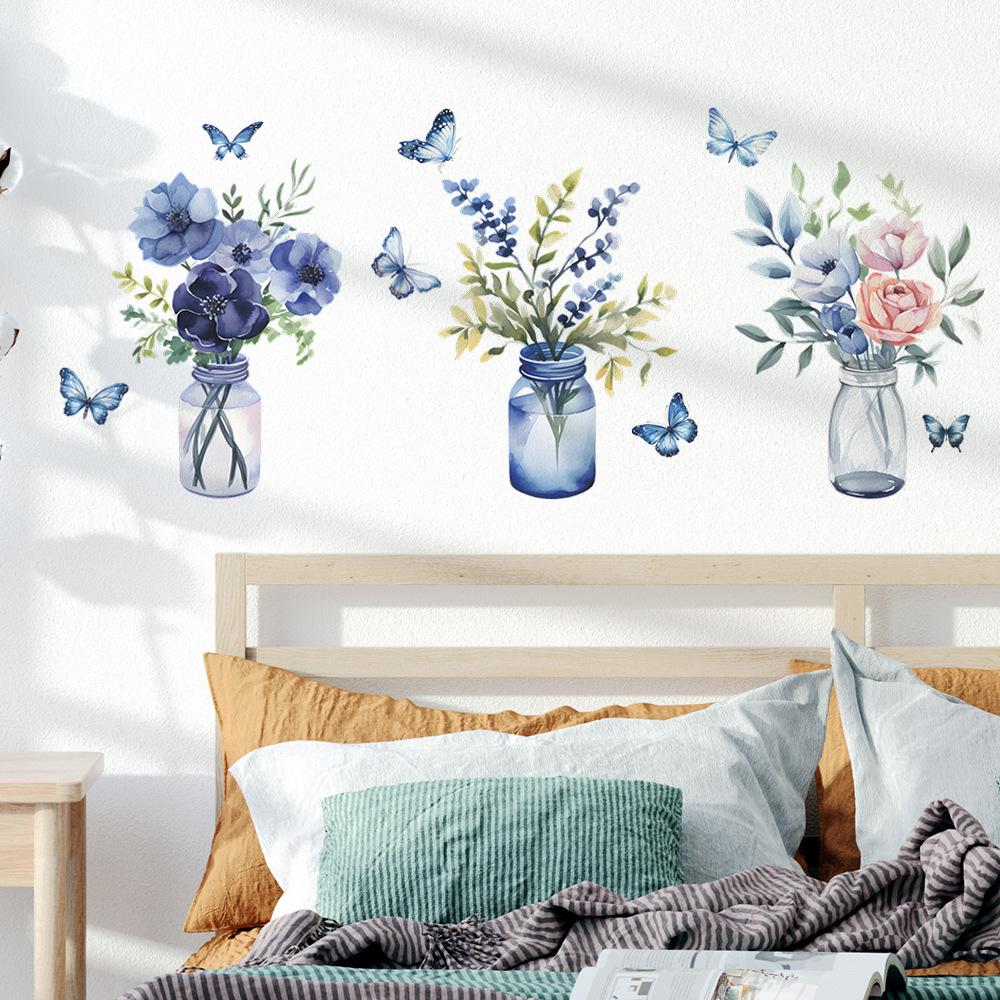 Romantic Purple Flowers Green Plant Vase Butterfly Bedroom Living Room Home Decoration Wall Stickers