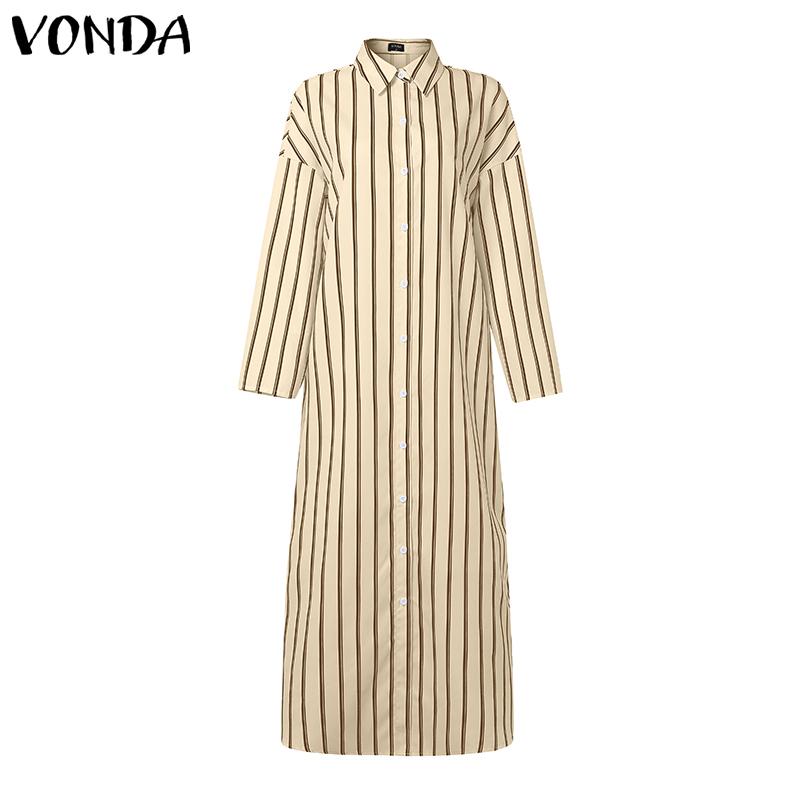 

VONDA Women Turn Down Collar Casual Long Sleeve Striped Baggy Maxi Long Dress 4XL хаки