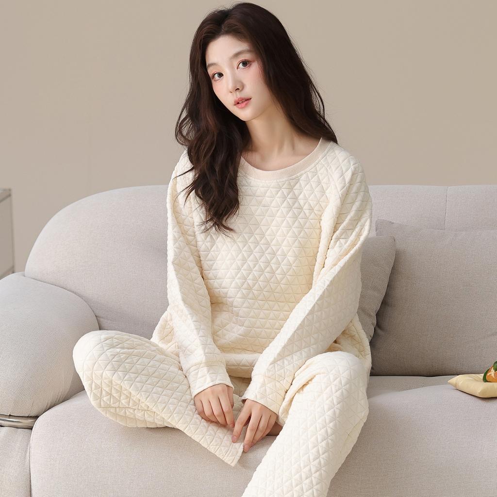 Air Cotton Sandwich Pajamas Women'S Autumn And Winter Cotton Long-Sleeved Thickened And Wearable Loungewear Set