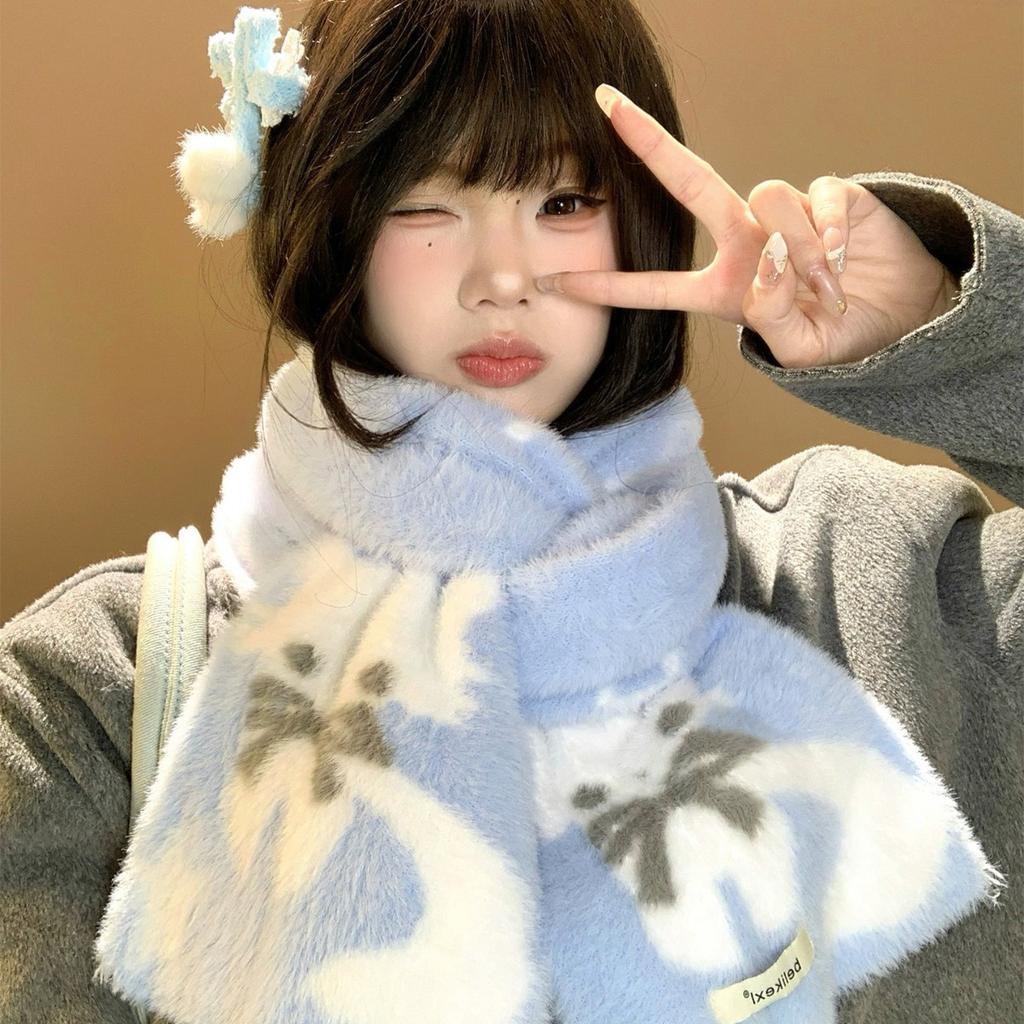Cute cat soft waxy blue plush knitted scarf women's winter atmosphere warm couple neck protection thickened scarf
