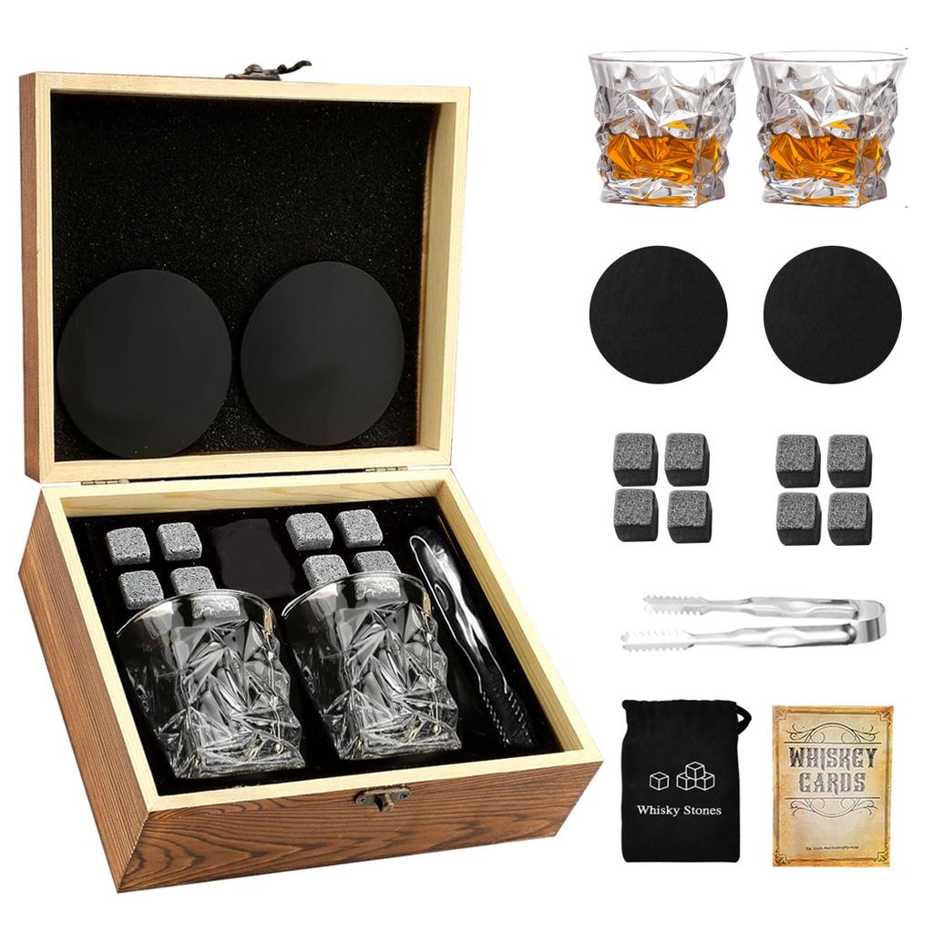Manufacturer's Bestseller Premium Bar Accessories Whiskey Glass Set 2 Glasses 8 Stone Wooden Box Granite Ice Stone for Various