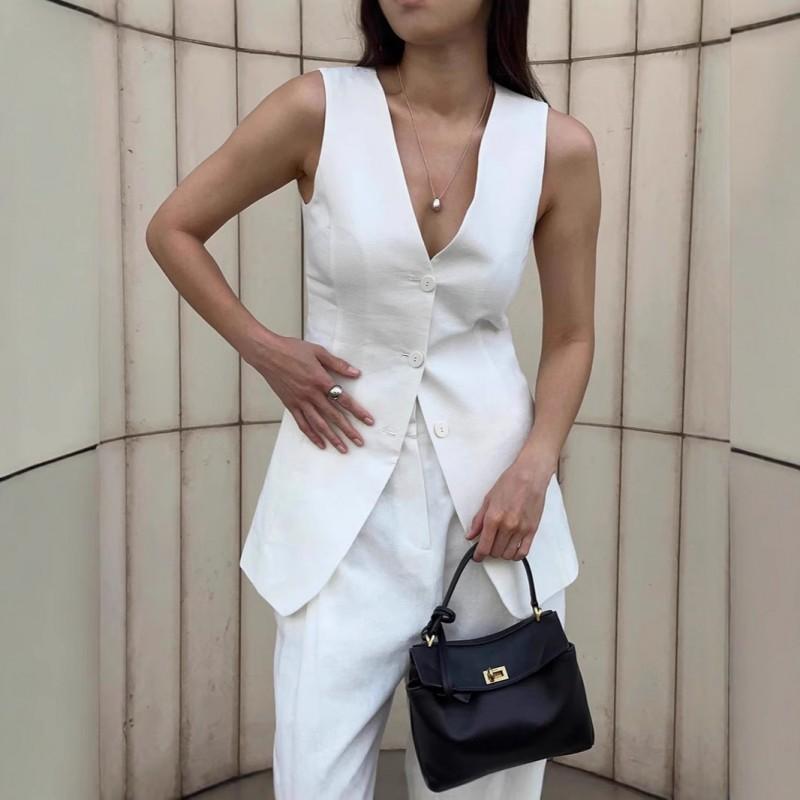 Womens V-Neck Sleeveless Vest Pants Set Cotton Linen Blend Office Workwear Solid Color Fashion Casual Two-Piece Outfit