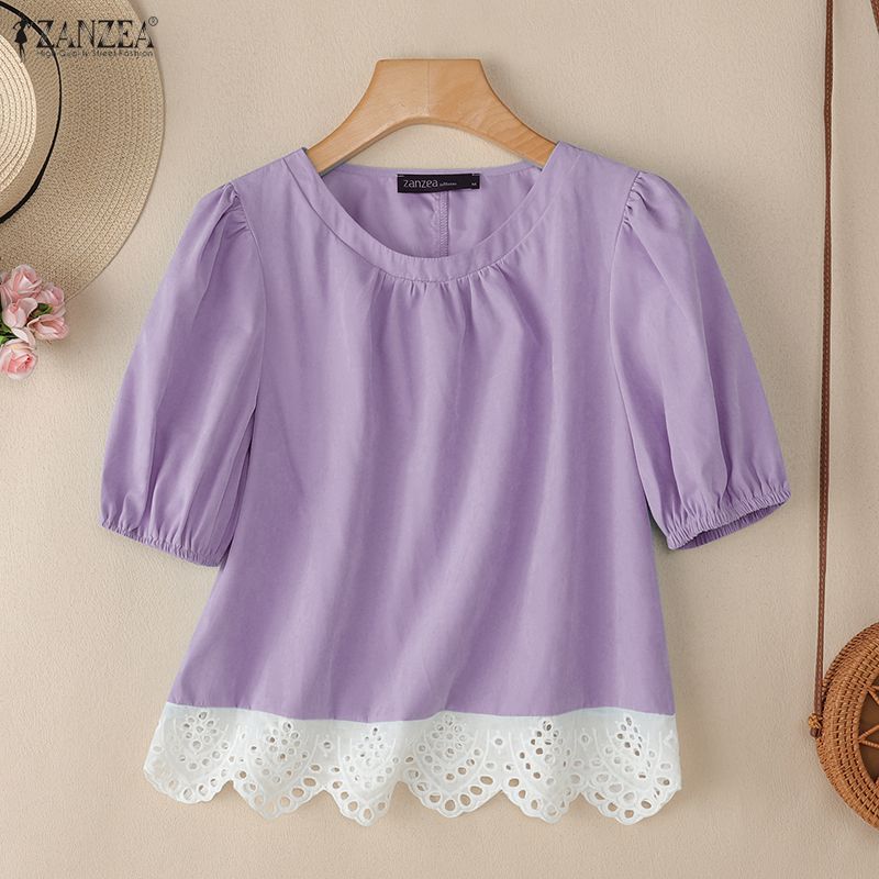 ZANZEA Damen Casual Rundhals Kurzarm Spitze Einsatz Bluse