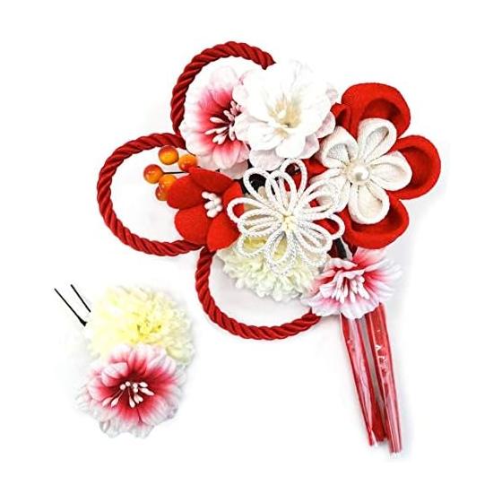 Hair Ornaments Set of 2 for Furisode Kimono Coming-of-Age Ceremony, Tsumami Zaiku, Red Chirimen, Flower Ornaments, Large Diameter Approx. 10cm, Small