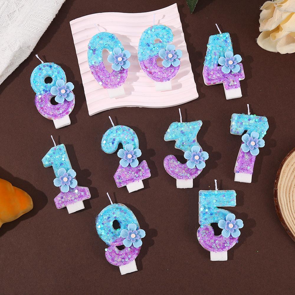 7pcs Blue Purple Flower Birthday Number Candles,Flower Theme Party Decorations, Cupcake Decorations,Suitable for Party Celebrati