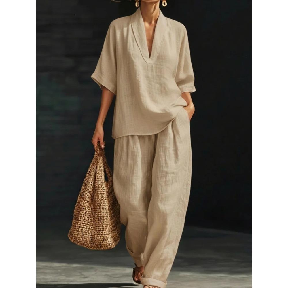 Women's V Neck Three Quarter Sleeve Loose Fit Solid Color Linen Blend 2 Piece Outfit High Waist Wide Leg Pants Casual Summer Loungewear Set