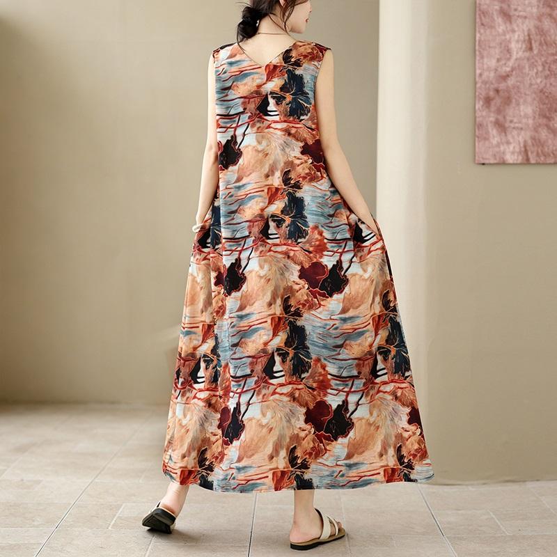 Sleeveless Plus Size Cotton Vintage Floral New In Dresses for Women Casual Loose Long Summer Dress