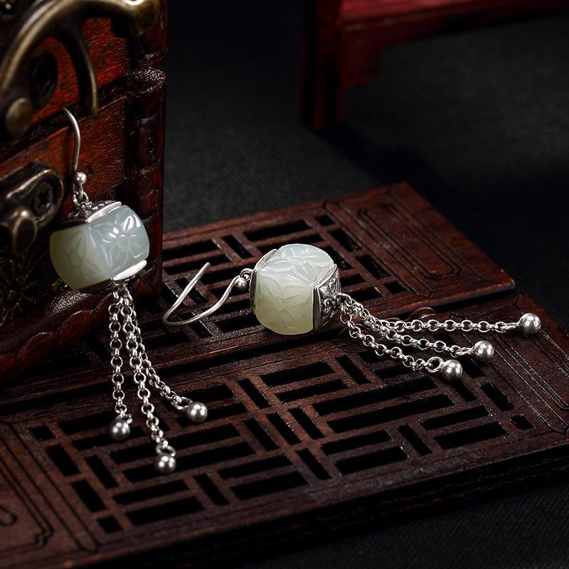 Independent Design Retro Style Inlaid Hetian White Jade Pattern Tassels For Ladies High-End Earrings Elegant  Jewelry
