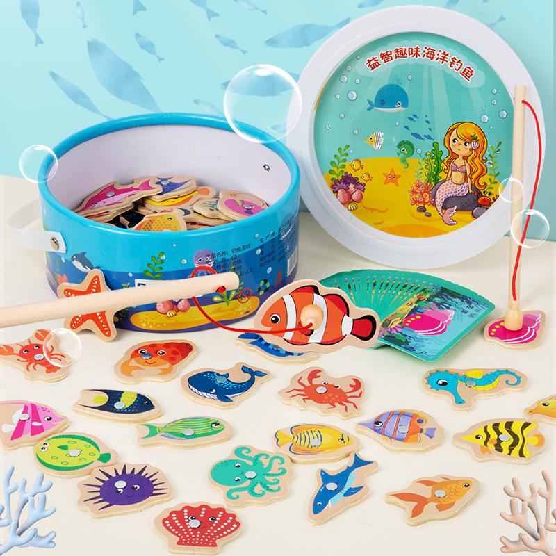 Kids' Magnetic Wooden Fishing Game - Cartoon Marine Life Educational Toy