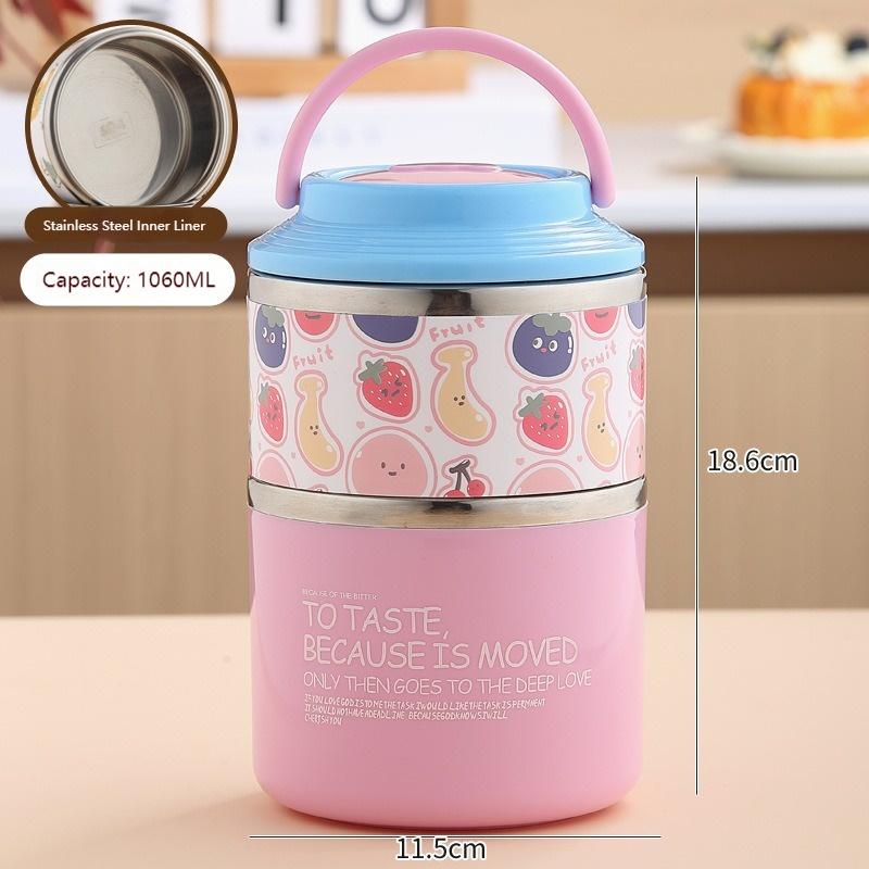 

Thermos Bento Box Cartoon Pattern Double Layer Stainless Steel Lunch Box Office Workers Students Portable Thermos Food Container 1060ML&2 розовый