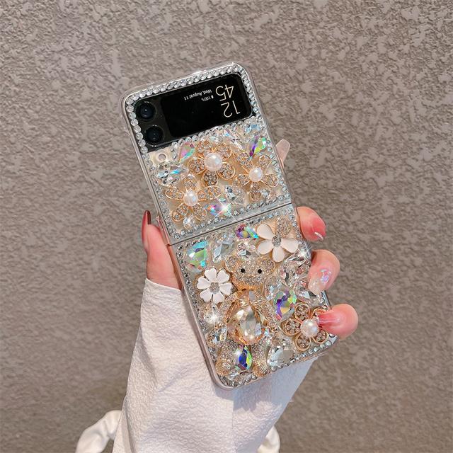 Luxury Bling Diamond Gem Bear Flower Glitter Phone Case For Samsung Galaxy Z Flip 4 5g Z Flip 3 Flip3 Zflip Case Cover