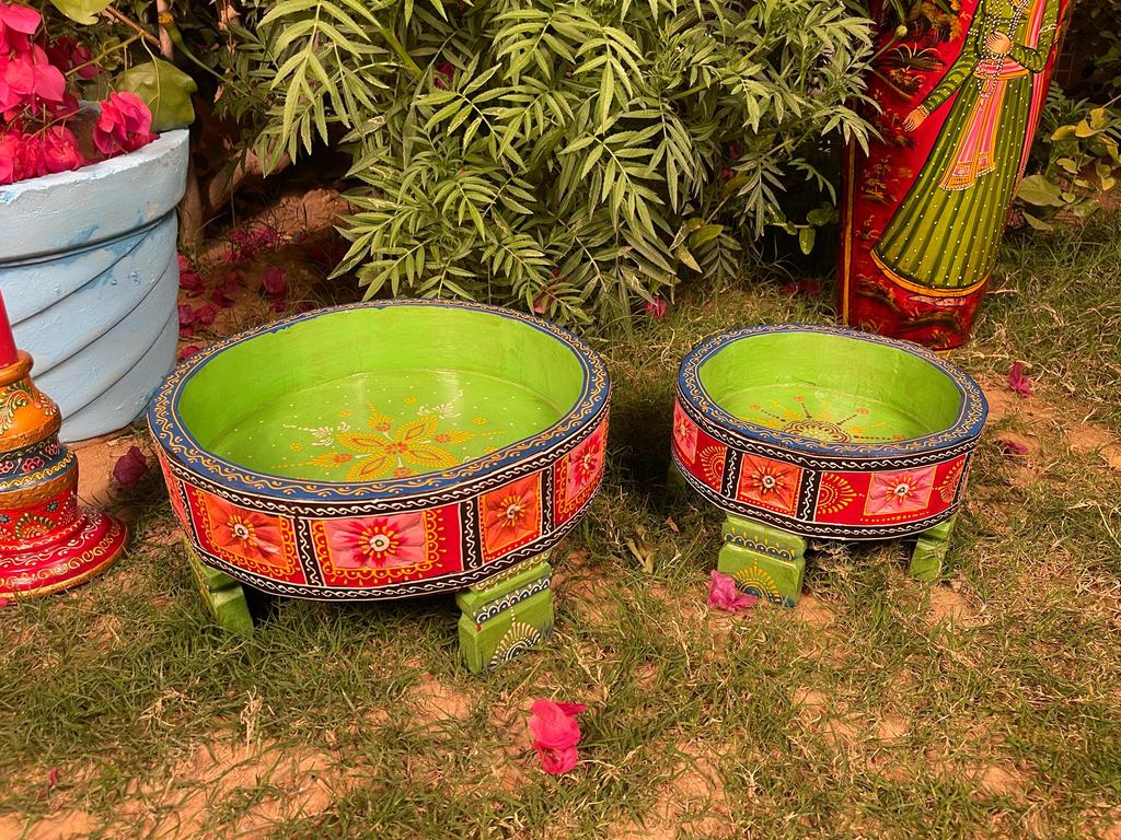 Hand-Painted Wooden Chowki Set of 2 | Indian Rajasthani Bajot Pedestal Stands | Decorative Flower Base for Pooja & Home Decor,Planter Stand