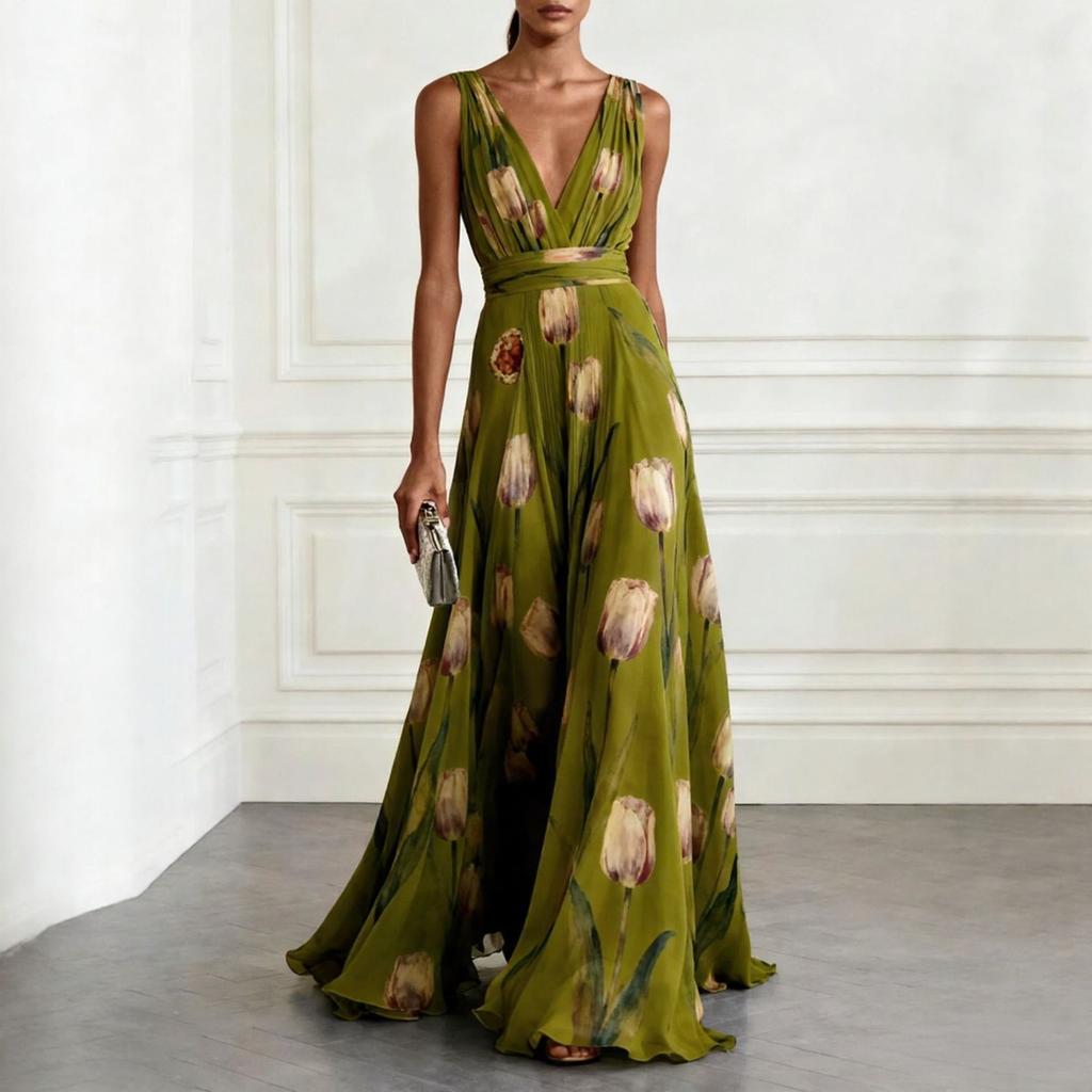 Women's V Neck Sleeveless Floral Maxi Dress Slim Fit High Waist Elegant Party Chiffon Dress