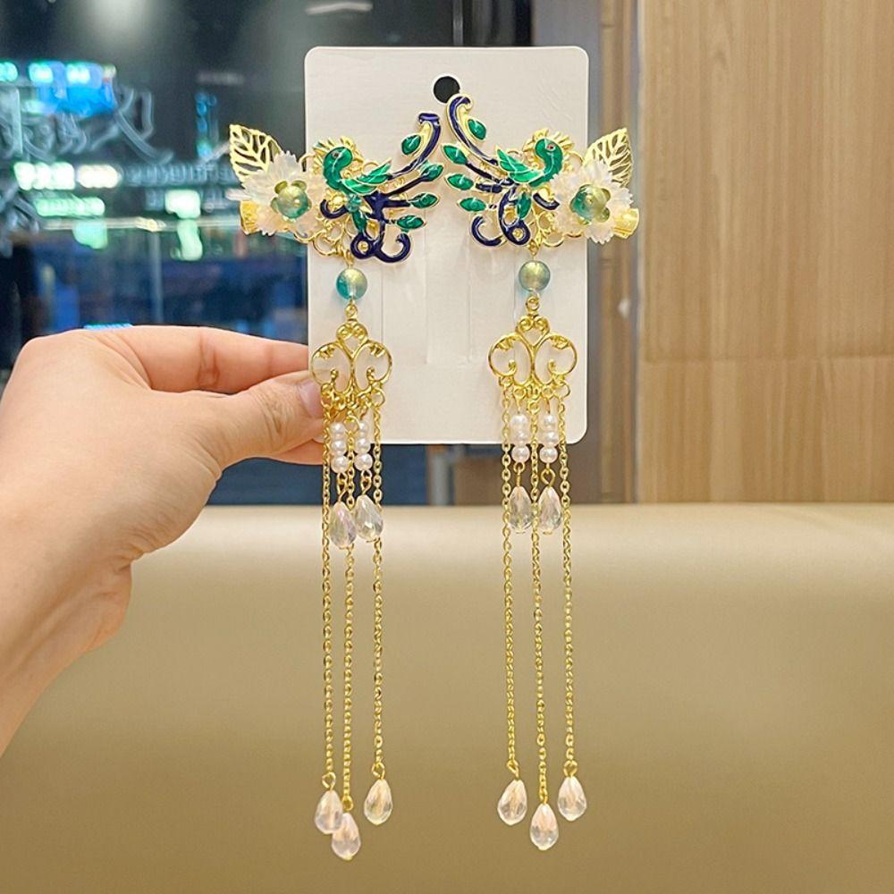 1Pair Pearl Hanfu Duckbill Clip Peacock Tassel Hairpin Sweet Hanfu Flower Hair Clip  Female/Children