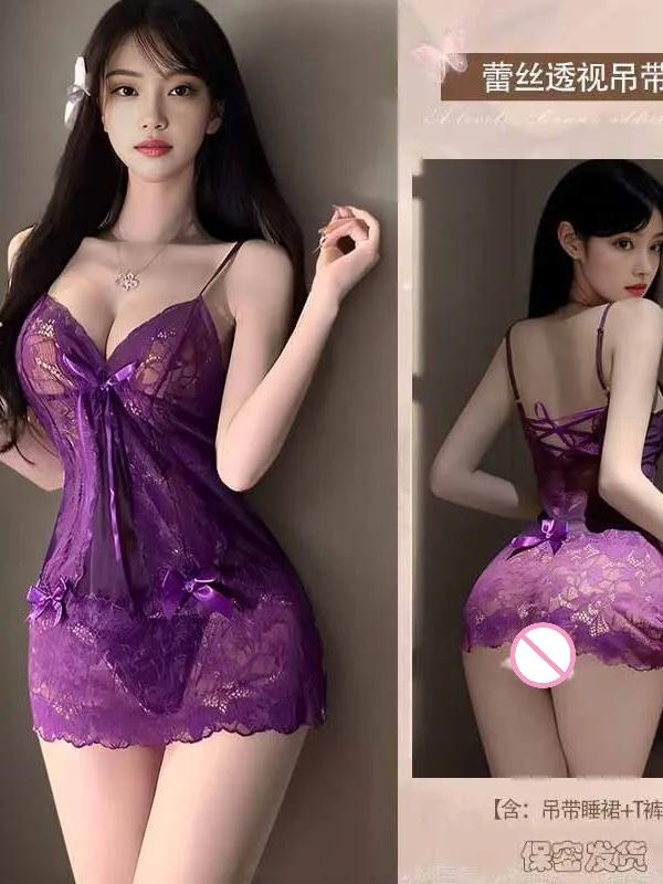 Purple Sweet Tank Mini Dress Sexy V Neck Sex Transparent Sleeping Pure Desire Charm Lace Strap Pajama Dress Elegant X7TY
