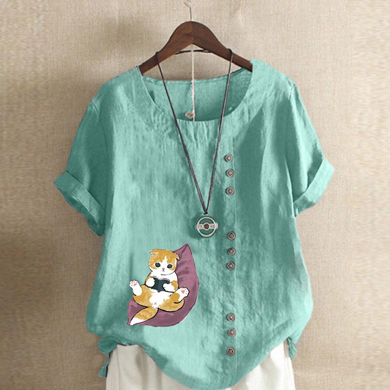 Moda feminina bonito gato impresso manga curta camiseta solta algodão camisa casual solto verão blusa tops plus size