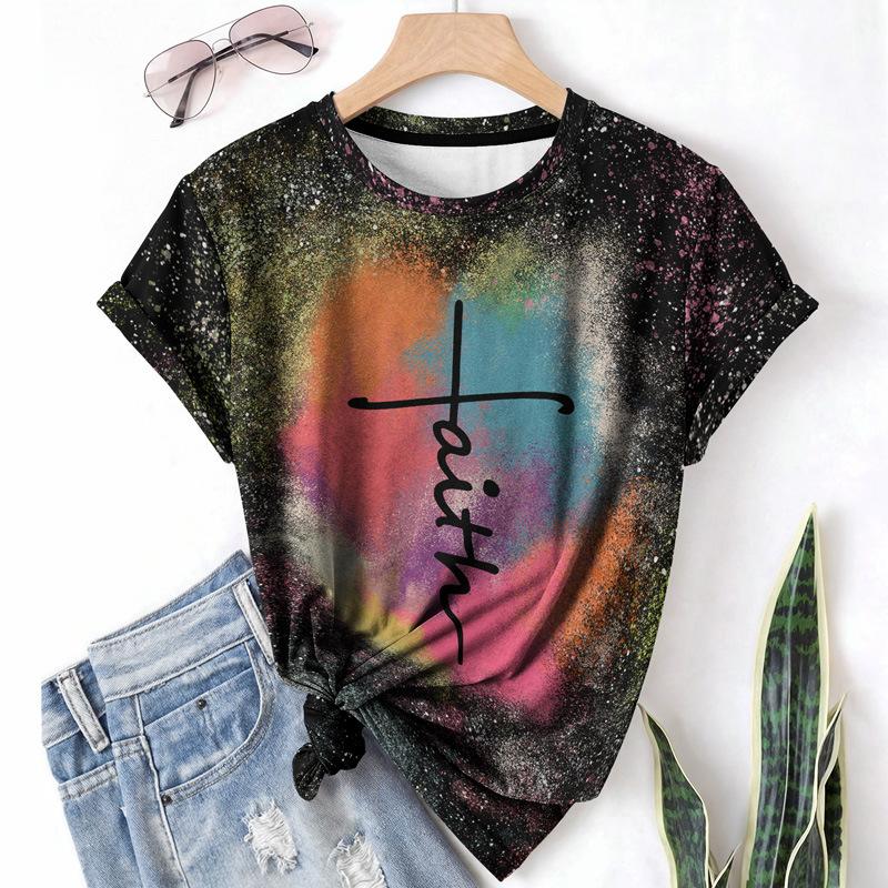 

Leisure Sports Women s T-shirt Summer Round Neck Short Sleeved Graffiti Oil Painting Loose Fit Breathable Shirt 6XL