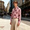 Men's collared loose-fitting long-sleeved shirt, floral print, flowy blouse, urban casual cardigan top.