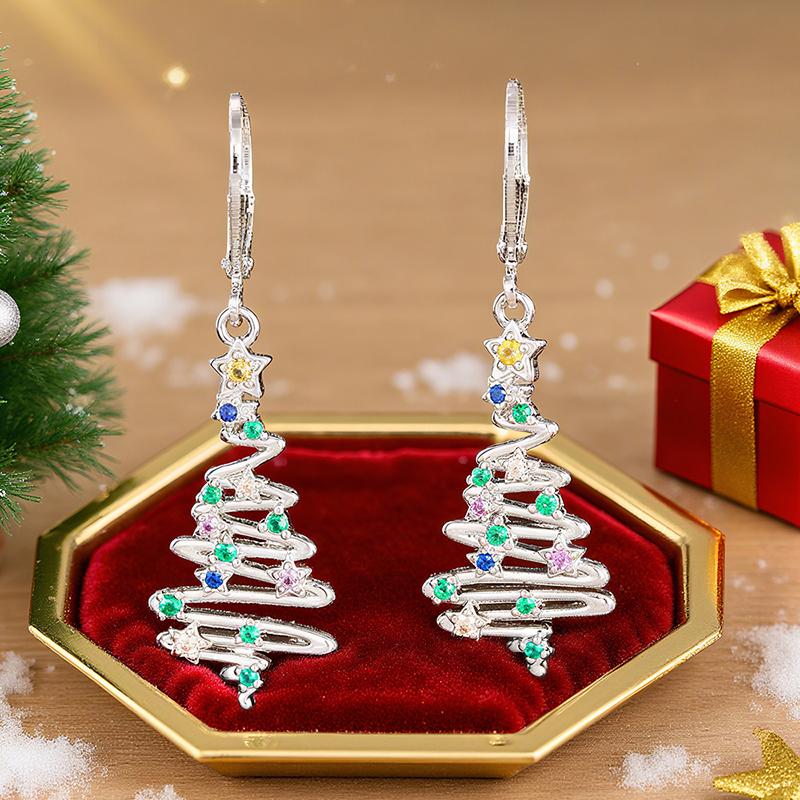 Huitan Trendy Festival Christmas Tree Dangle Earrings for Women Silver Color Colorful Cubic Zirconia Daily Wear Party