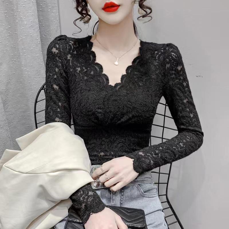 Women's V-Neck Lace Mesh Velvet Top - Long-Sleeve, Slim, Stylish for Autumn/Winter