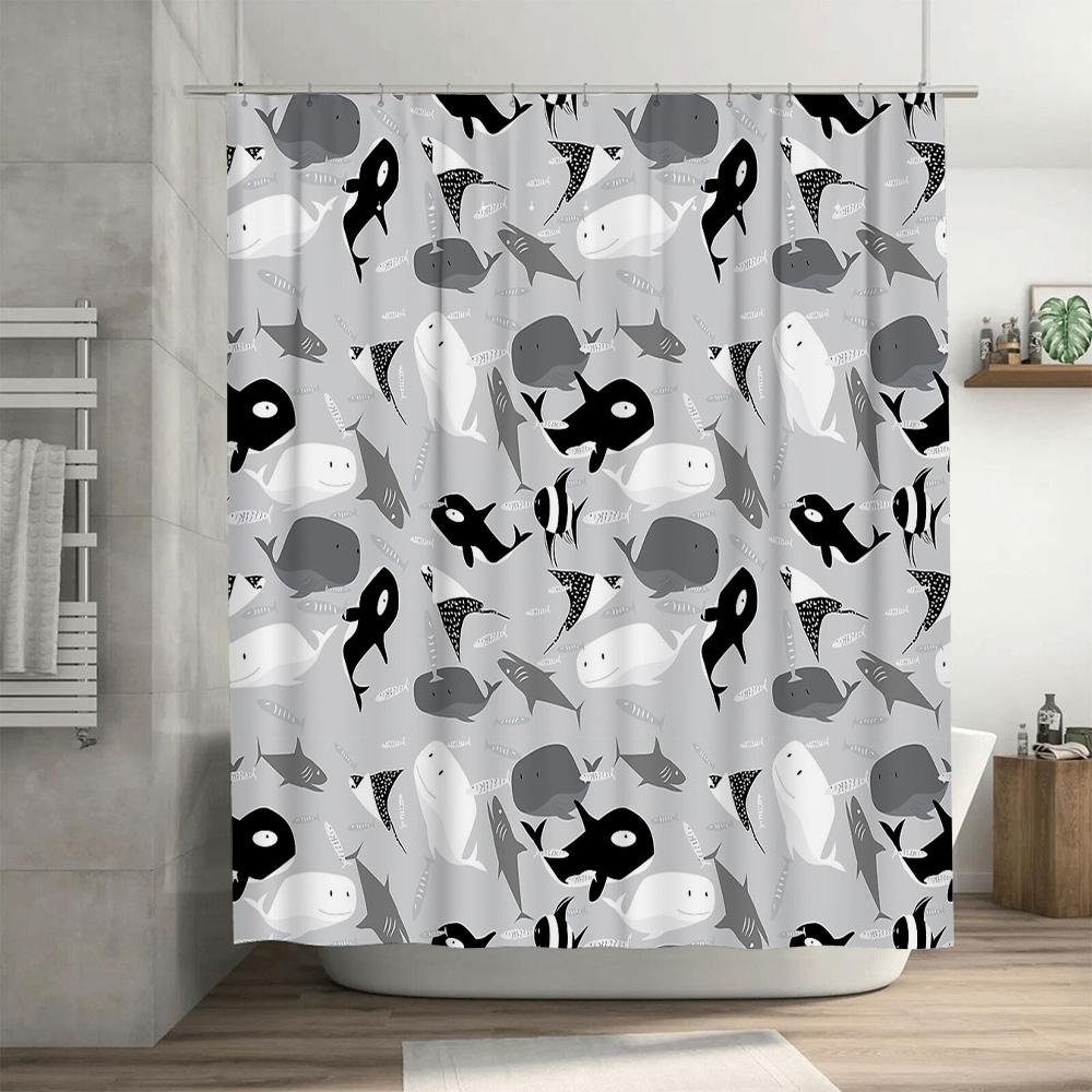 Whale Shower Curtain Set Waterproof Ocean Animal Pattern Bathroom Decor Whale Lover Gift Sea Life Fabric Backdrop Vintage Coasta