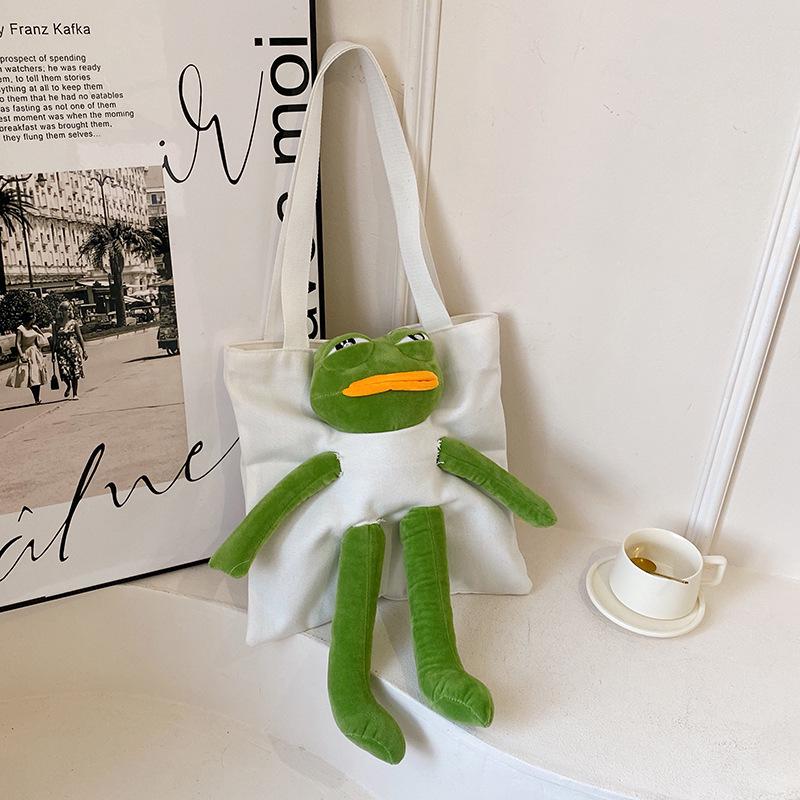 

Large Capacity Funny Frog Canvas Tote Bag - Cute Commuting Shoulder Bag with Contrast Doll Standard