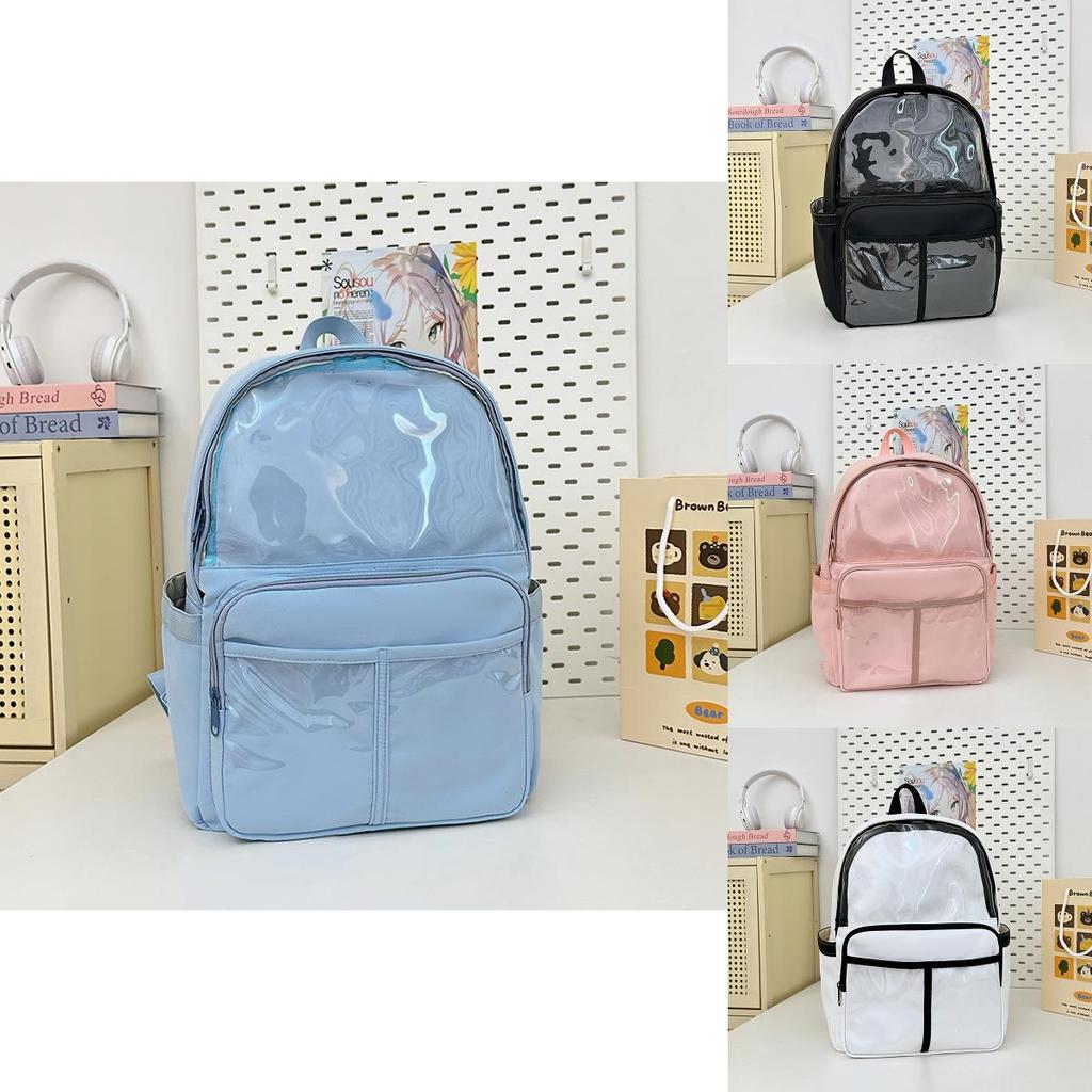 Casual Travel Nylon Backpack For Middle School Girls With Transparent Compartments And Badges Pendant
