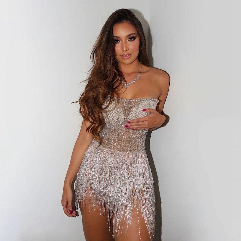 Осенне-зимнее Новое Трансграничное Европейское и Американское Женское Приталенное Платье, Сексуальное Асимметричное Платье, Прозрачный Топ-Труба с Бахромой, Короткое Платье White S