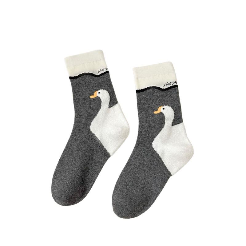 Big White Goose Cotton Socks, Girls' Autumn and Winter Feather Yarn Cute Embroidered Mid-calf Socks, Cartoon Student Casual Socks