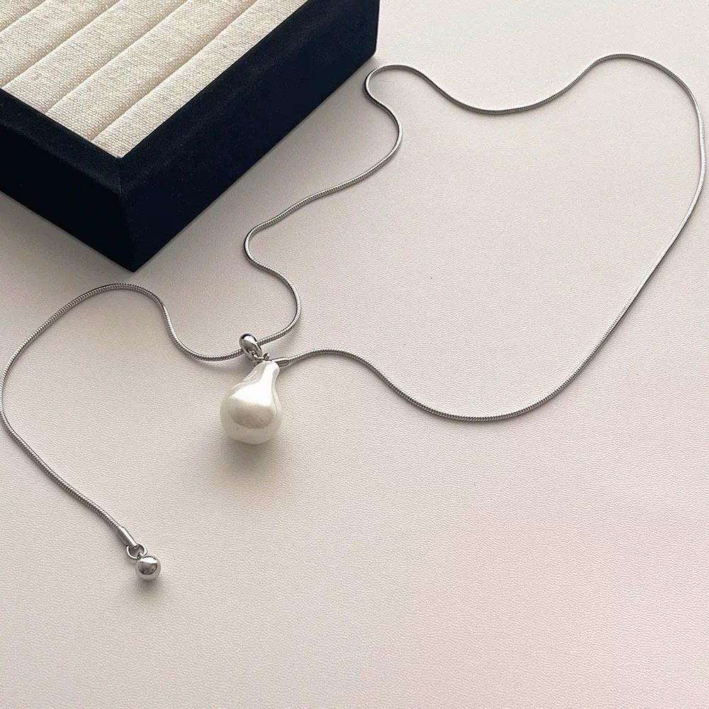 

Classic Silver Plated Adjusting Snake Sweater Chain Chokers For Women Irregular Baroque Imitation Pearl Pendant Necklaces
