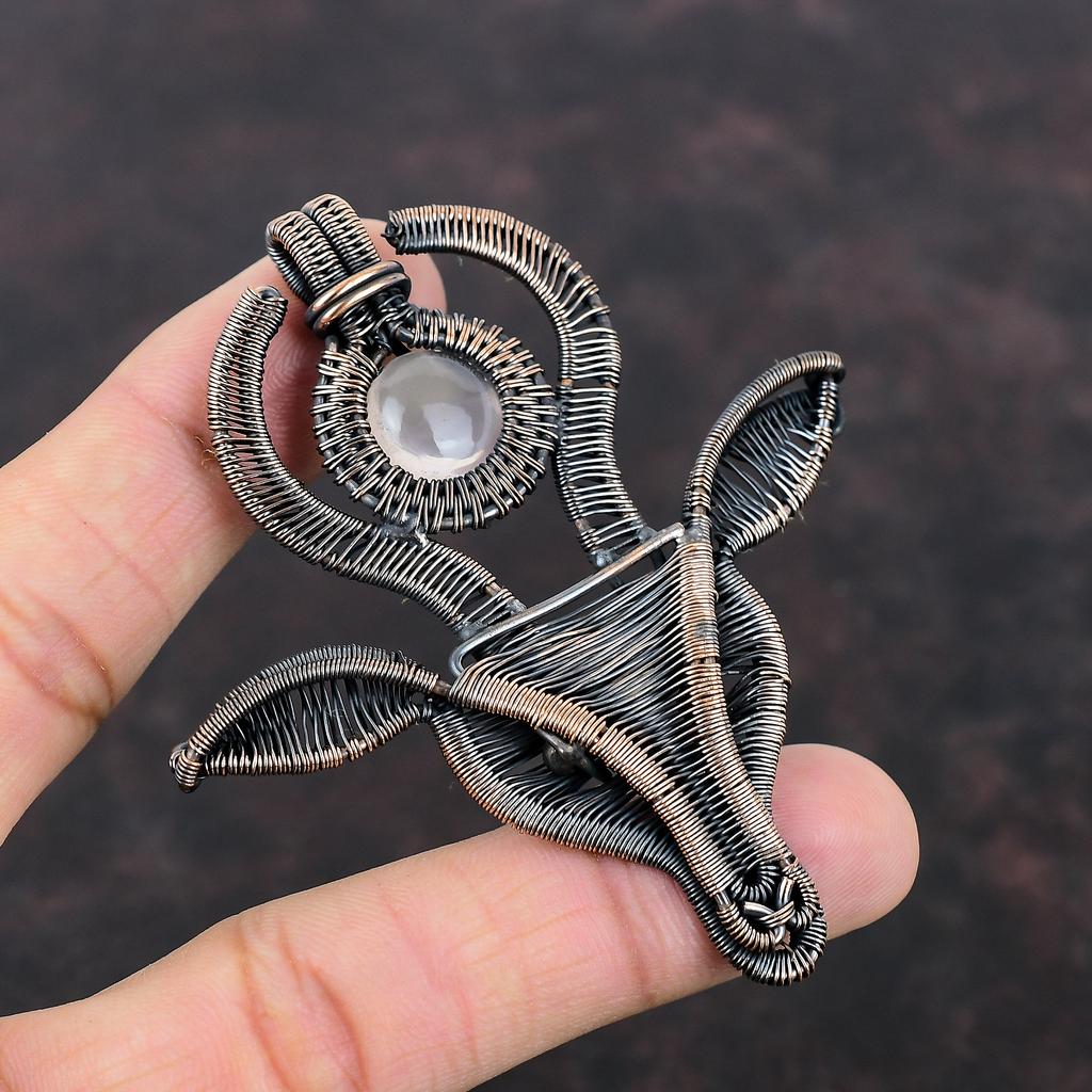 Rose Quartz Pendant Copper Wire Wrapped Pendant Gemstone Pendant Cow Face Jewelry Handmade Pendant Gift For Him Unique Copper Design Jewelry