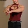 INCERUN Men Summer Strap Sleeveless Mesh Hollow Patchwork Cutout Fitted Tank Tops