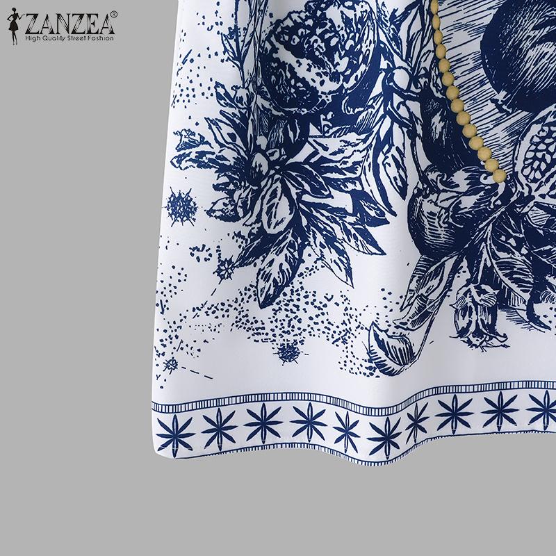 ZANZEA Damen Sommerkleider mit Rundhalsausschnitt und kurzen Ärmeln und bedruckter Taille