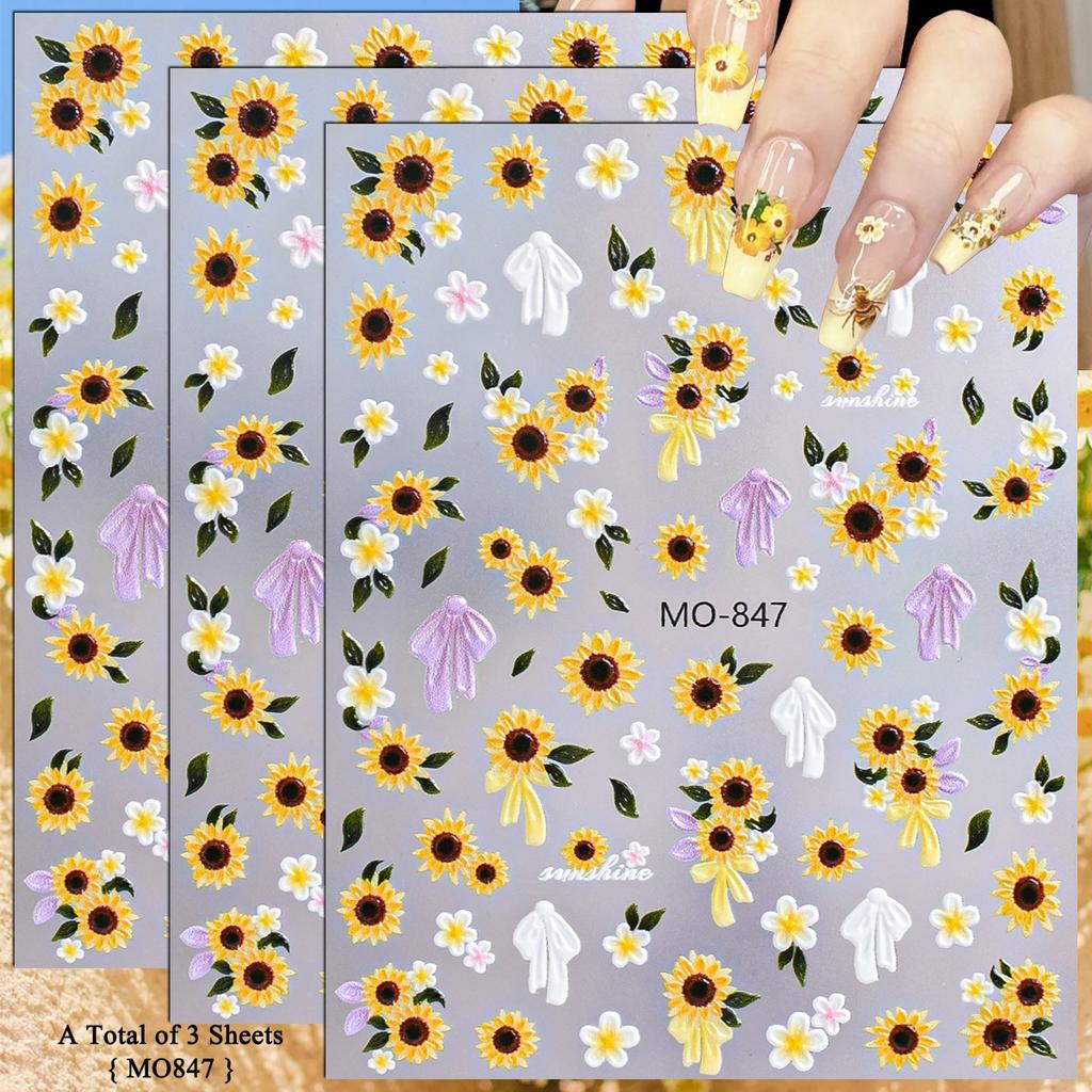 3 To 15 Sheets 5D Sunflower Daisy Nail Stickers Bee Ladybug Flower Decals Self Adhesive Spring Nail Art