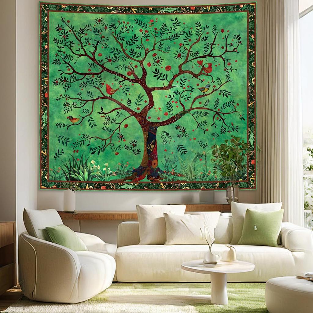 Tree of Life Wall Tapestry Boho Art Decor Green Nature Design Birds and Flowers Bedroom Living Room Home Interior Hanging