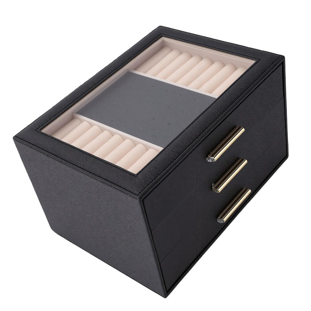 3 Layer Jewelry Box PU Leather Velvet Lining Jewelry Organizer Box with Clear Top Window for Ring Necklace Earring