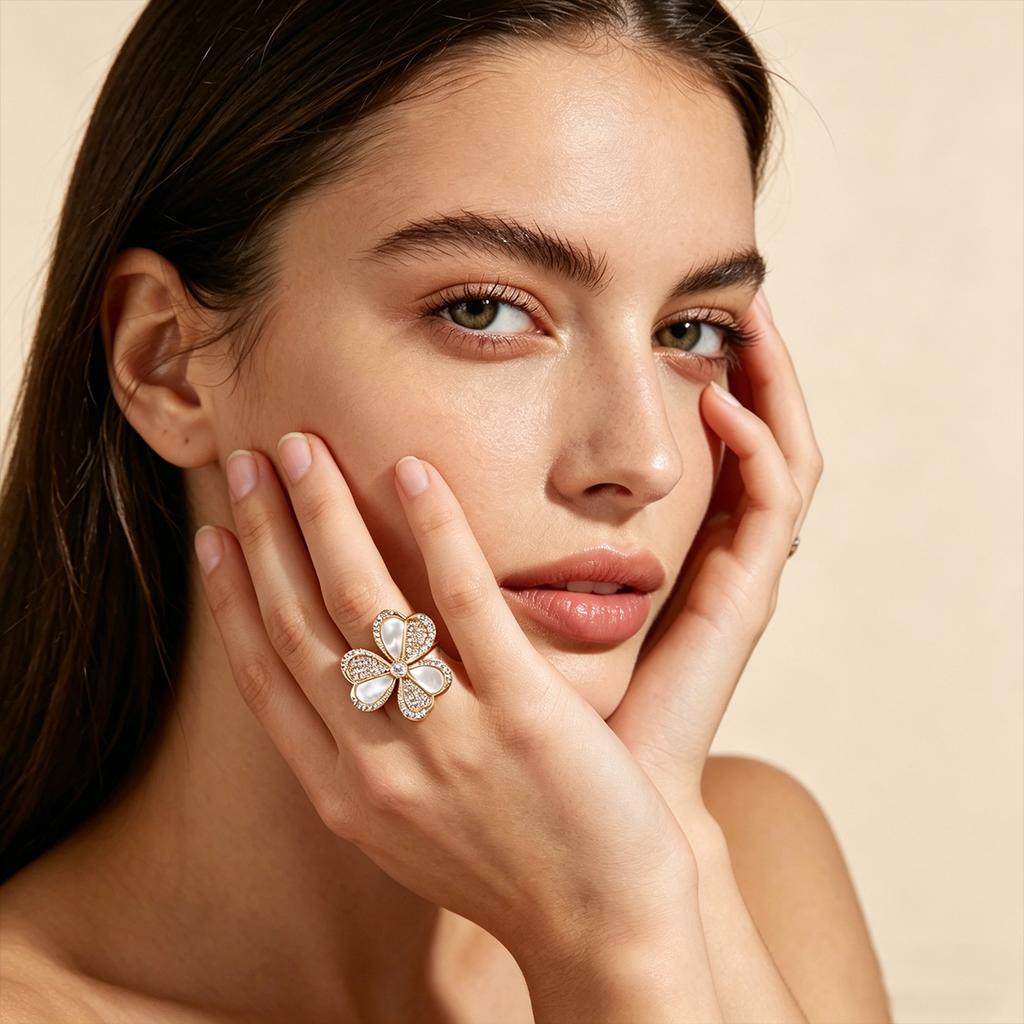 Gold Plated Four Leaf Clover Mother of Pearl CZ Statement Ring for Women, Luxury Flower Open Ring, Wedding Party Daily Wear Gift