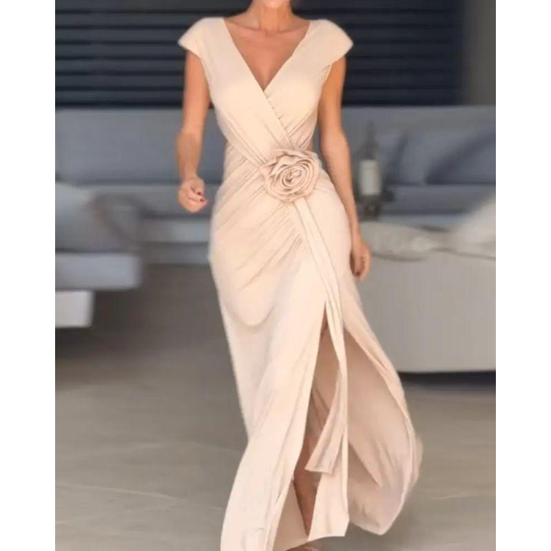 

European and American Solid Sleeveless V-neck Cross Elastic Dress Women Sleeveless V-neck Dress Beige White S