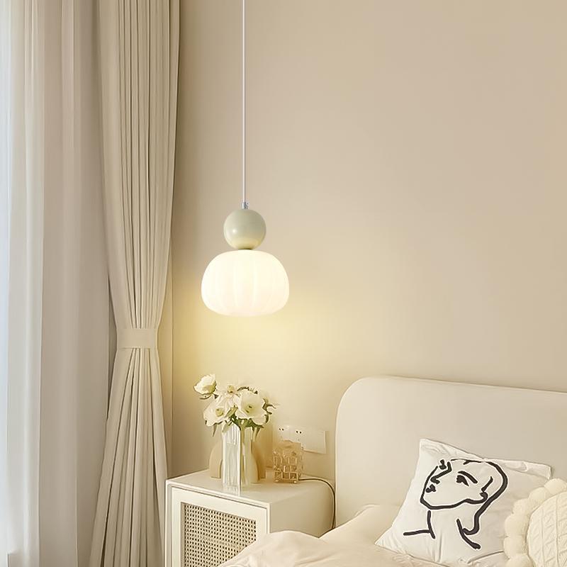 Cream Style Pumpkin Pendant Light: Modern Minimalist Bedside Lamp for Master Bedroom, Bar Counter, or Foyer with Single Head Cord Suspension.