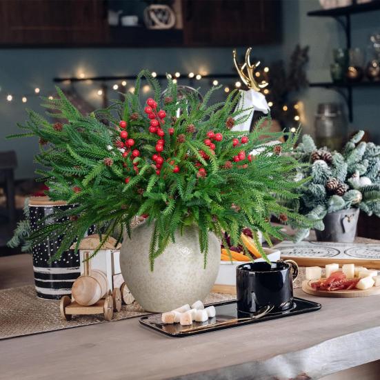 Simulated Pine Branch Faux Greenery Foliage Artificial Pine Sprig with Pine Cones Red Berries for DIY Wreath Home Vases Christmas Winter Parties