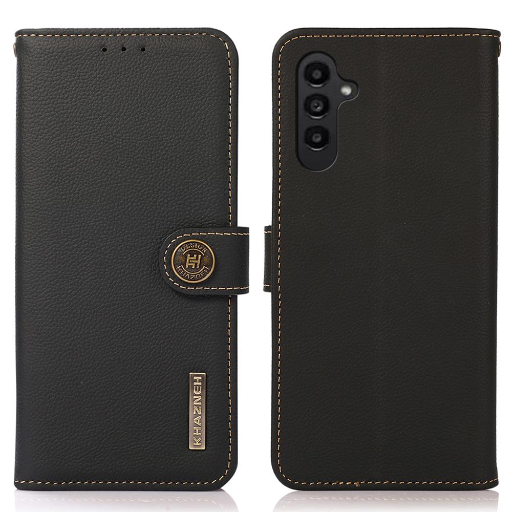 

KHAZNEH For Samsung Galaxy A55 5G Case Genuine Cow Leather+TPU RFID Blocking Wallet Cover Black