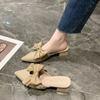 With Bow Low Heel Outside Shoes Khaki Women's Slippers and Ladies Sandals Pointed Toe Slides Mules Korea Style G Luxury H Sandal