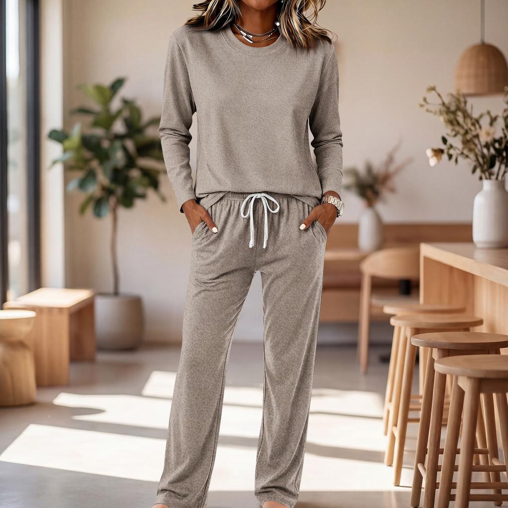 Women's Round Neck Long Sleeve Pajama Set with Drawstring Wide Leg Pants for Sleepwear Loungewear